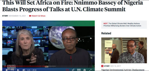 Nnimmo Bassey being interviewed on Democracy Now, headline: This will set Africa on Fire