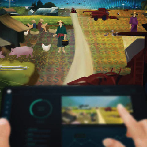 Cover art showing digital game console being used to manipulate small farms